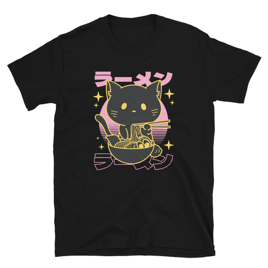 Kawaii Neowave Cat Eating Ramen Noodle Bowl Cute Anime Aesthetic T-Shirt