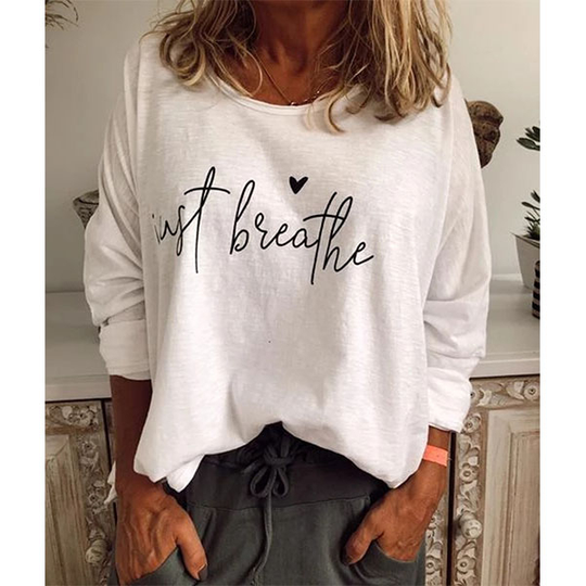 Printed Letter Casual Long Sleeve Cotton-Blend Linen Shirts Women Blouses - White, L