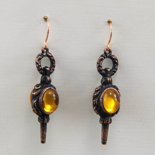 Handmade Earrings Vintage Looking Drops With Golden Yellow 8x10 Glass Cabs in Rusty Iron Pewter Dangle Oscarcrow Originals