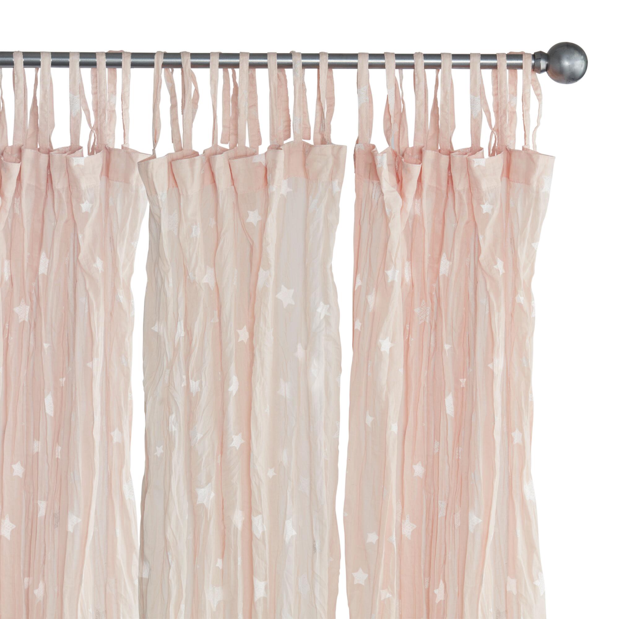 Pink Stars Cotton Crinkle Voile Tie Top Curtains Set of 2 - 84" L by World Market
