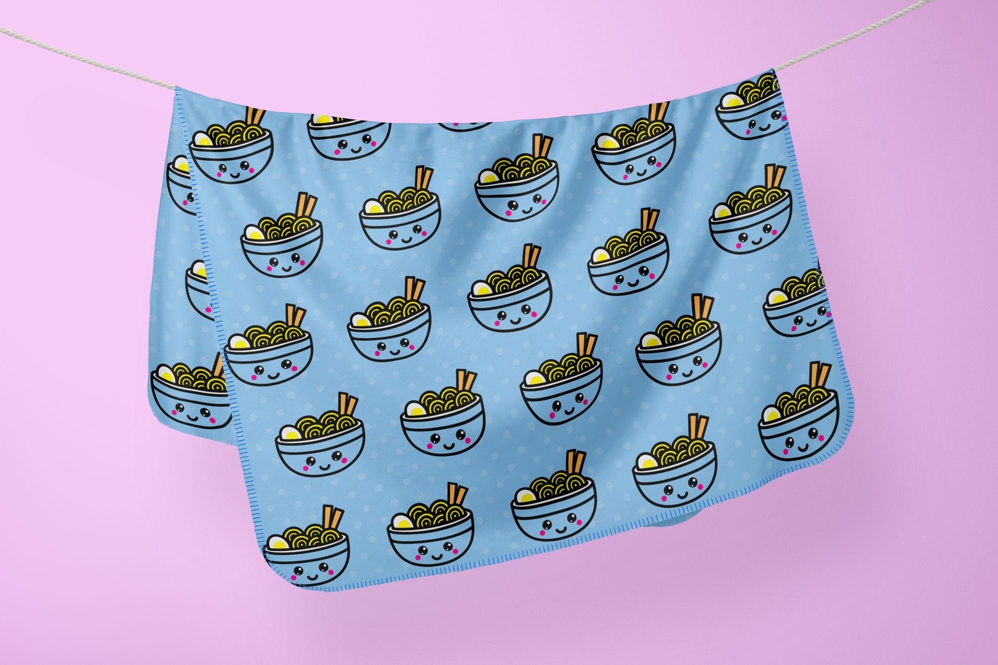 Blue Cute Kawaii Ramen Blanket - Japanese Minky Fleece Gift For & Lover [Small/Medium Large]