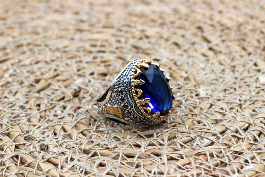 Sapphire Men's Ring, Ottoman Handmade Turkish Jewelry, Gift For Him, 925 Sterling Silver