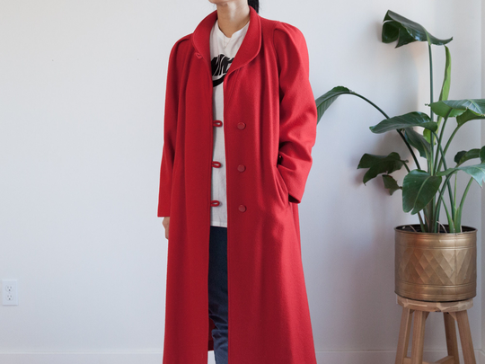 Vintage Red Wool Blend Coat/Mini Puff Sleeves Lined, Pockets Fits Like 6 8