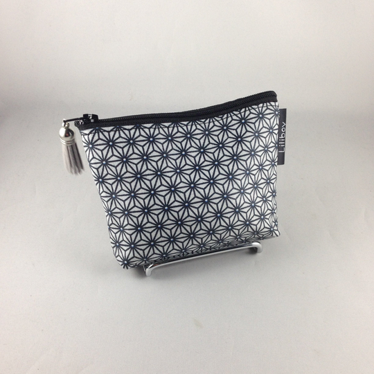 Porte-Monnaie Zippé Femme/Porte-Cartes/Coton Enduit Saki/Asanoha Gris/Noir/Similicuir Noir/Tissu Pailleté Gris/Cadeau Femme