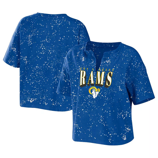 Women's WEAR by Erin Andrews Royal Los Angeles Rams Bleach Wash Splatter Notch Neck Cropped T-Shirt, Size: Large, Blue