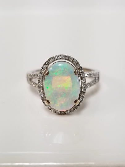 Size 5.75 Estate 14K White Gold Natural Fire 2Ct Opal .50Ct Diamond Ring Cocktail Pinky Stunning Gs1315-02
