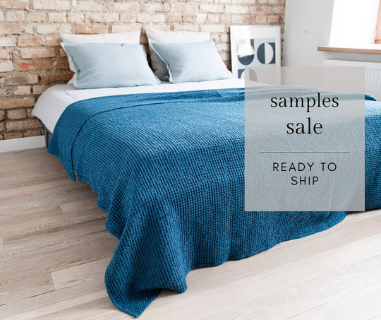 Blue Waffle Linen Cotton Blend Blanket. Ready To Ship. Sample Sale