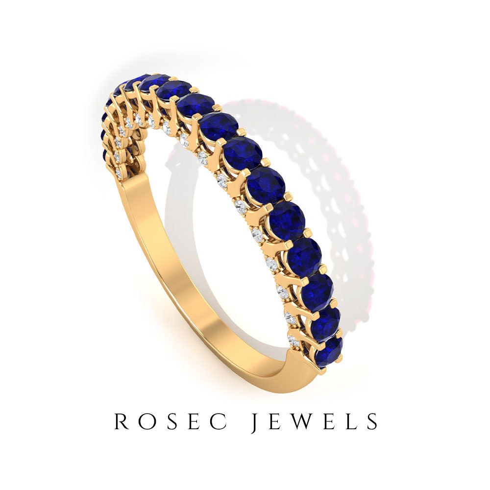 1 Ct Blue Sapphire & Diamond Band, Half Eternity Ring, Stacking Band