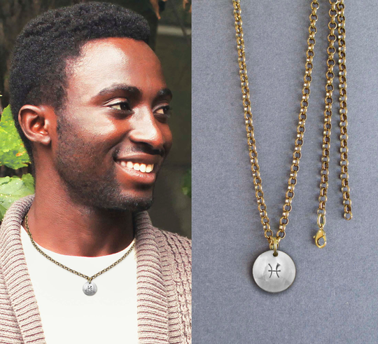 sterling Silver Pisces Pendant Necklace On Brass Chain Or Black Leather Cord Zodiac February March Birthday Gift For Men & Women