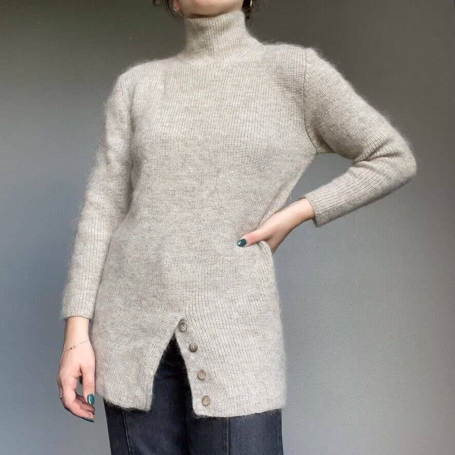 Vintage 90's Tan Beige Mohair Knit Blend Turtleneck Minimalist Sweater Sz Xs