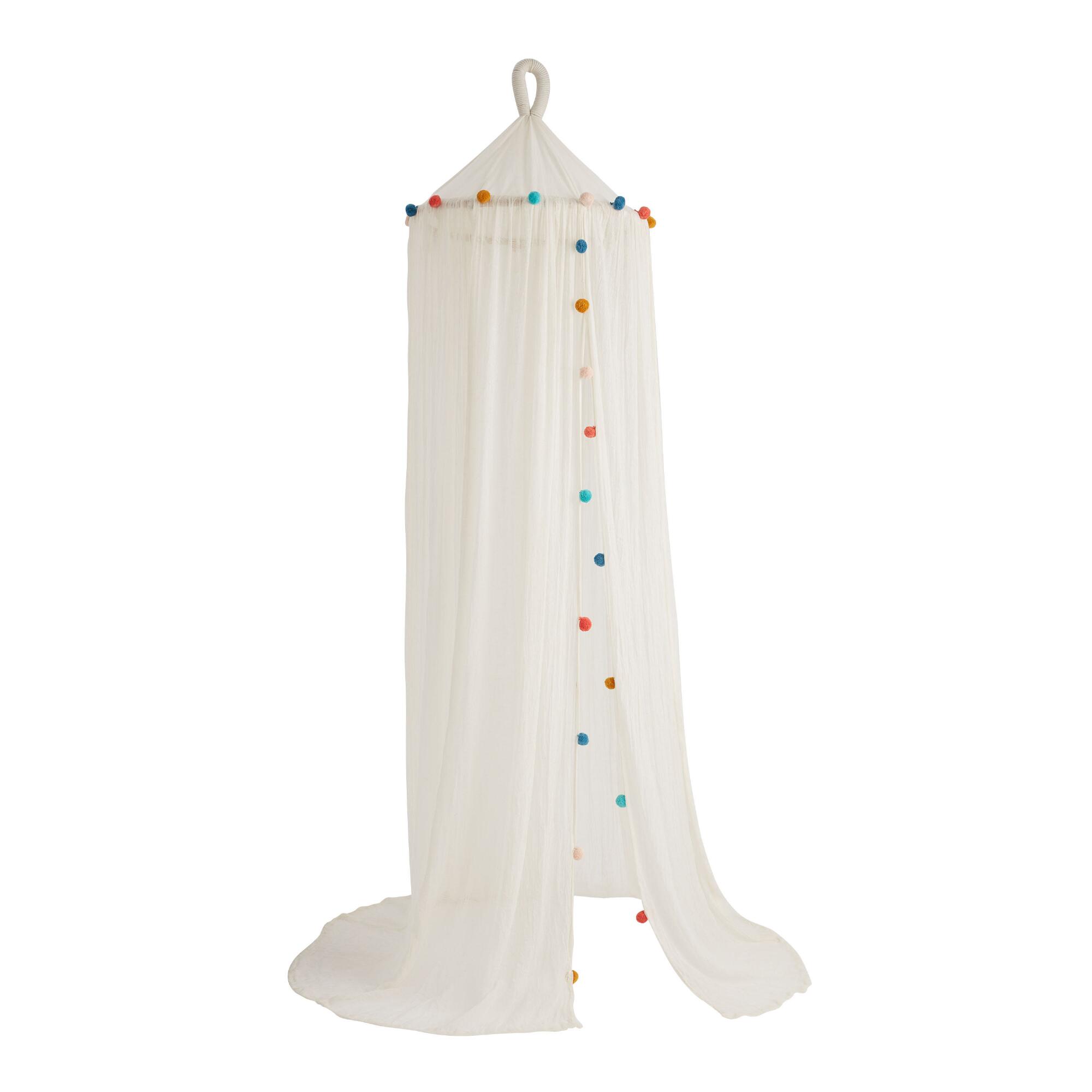 White Indian Cotton Gauze Canopy With Pom Poms by World Market