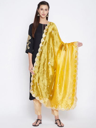 Women's Silk Blend Yellow & Gold-Coloured Embroidered Dupatta With Gotta Patti Free Shipping