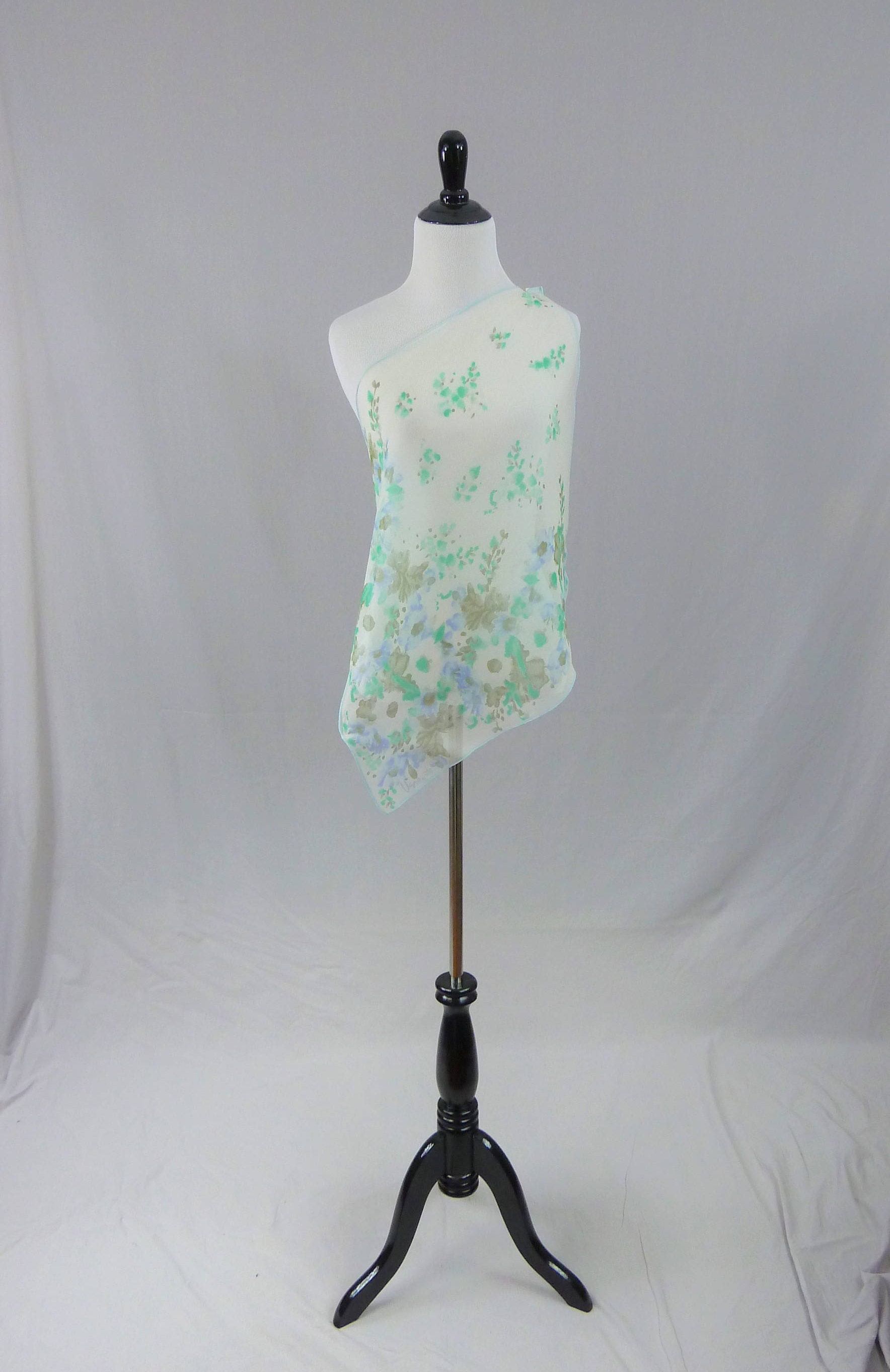70S Vera Scarf - Verasheer Silk Blend Green Blue Floral Designer Neumann Vintage 1970S