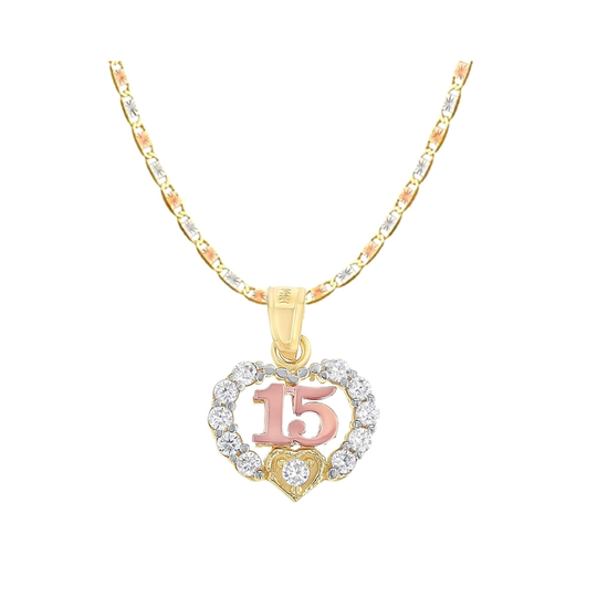 14K Two Tone Gold Sweet 15 Years Quinceanera Heart Cubic Zirconia Cz Charm Pendant Necklace, 1.5mm Valentino Chain, Anos Birthday Gift
