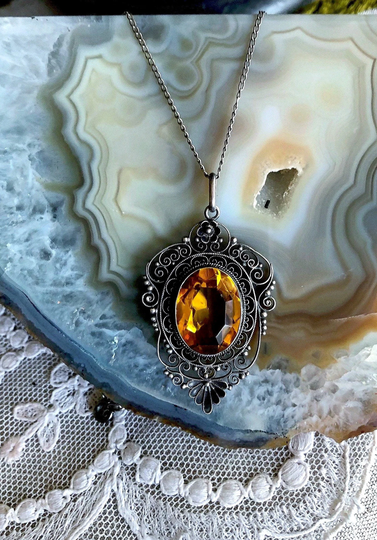 Gorgeous Antique Bohemian Revival Arts & Crafts Jugendstil Sterling Silver Cannetille Filigree Faceted Citrine Paste Stone Pendant