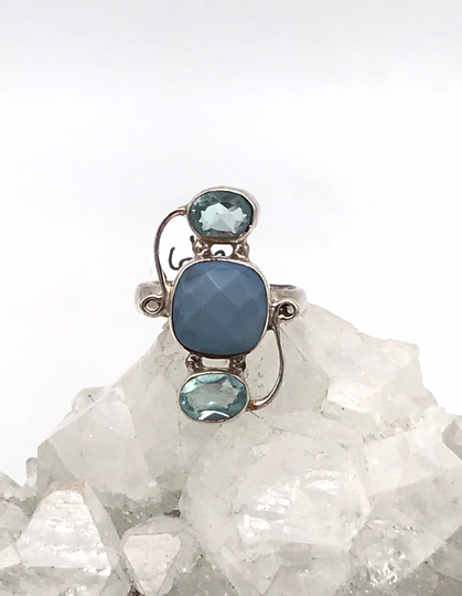 Faceted Owyhee Opal & Blue Topaz Ring Size 6 1/2
