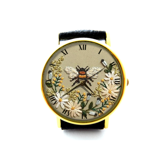 Embroidery Effect Print Honey Bee Leather Watch, Unisex Personalized Not Real Embroidery, It's Flat Printing