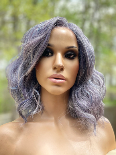 Human Hair Blend Wig Purple Highlights Short Bob Wavy 12" Lace Front Side Part