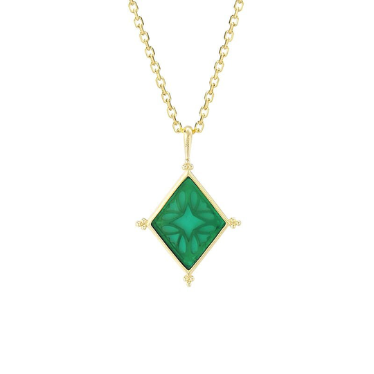9K Yellow Gold Natural Green Chrysoprase Necklace Pendant, Pendant For Women, Handmade Engagement Gift For Women