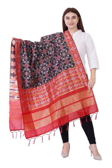 Women's Woven Silk Blend Patola Ikkat Dupatta/Chunni Color -Black Free Shipping
