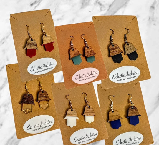 Wood Resin Hamsa Earrings Boho Fatima Protection Gold Blue Red Black White Green