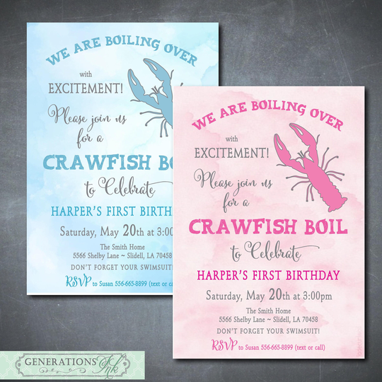 Crawfish Boil Birthday Invitation, Boy Birthday, Girl Seafood Boil, Watercolor, Shrimp