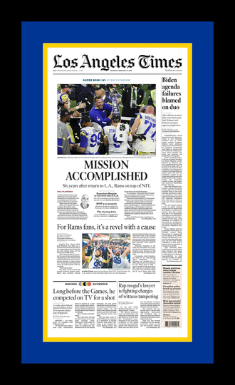 Los Angeles Rams - 2022 Super Bowl Title L.a. Times Newspaper "Mission Accomplished" Double Matted & Framed in Authentic Team Colors
