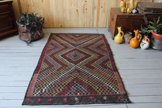 Vintage Turkish Kilim, Handwoven Jijim Ethnic Bohemian Wool Kilim Rug 3'7"x5'7" Feet Free Shipping