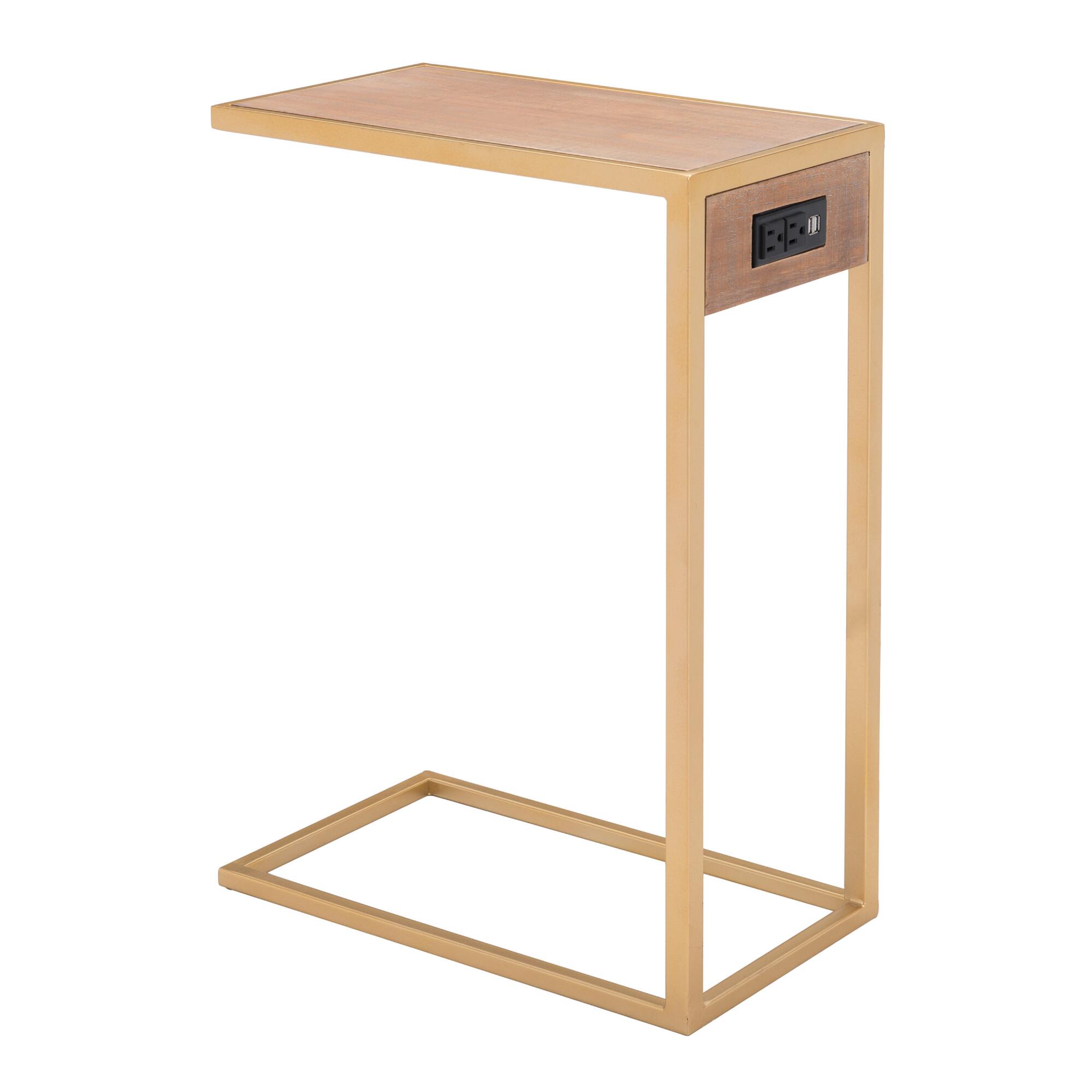 Gold and Wood Eaton Laptop Table with Outlets and USB Ports: Brown by World Market