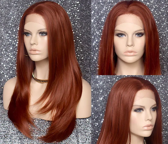 Copper Red Human Hair Blend Lace Front Wig Silky Straight Heat Ok Center Hand Tied Part Cancer Alopecia Theater Cosplay