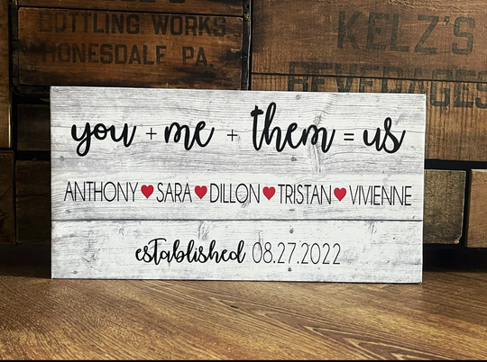 Blended Family Welcome Sign, You + Me Them = Us, Perfect Handcrafted Gift, Family, Wedding Personalized Rustic Canvas