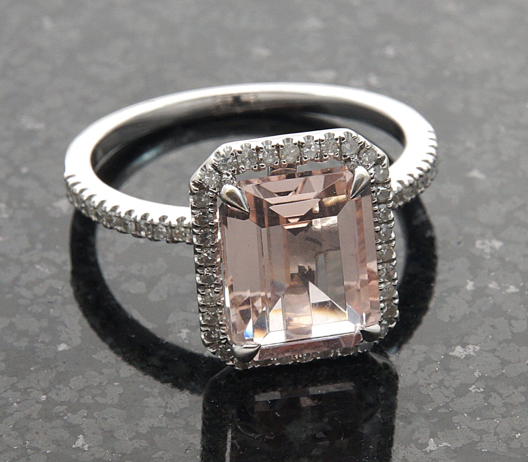 Emerald Cut, Morganite Band, Rose Gold Engagement, Diamond Halo Ring