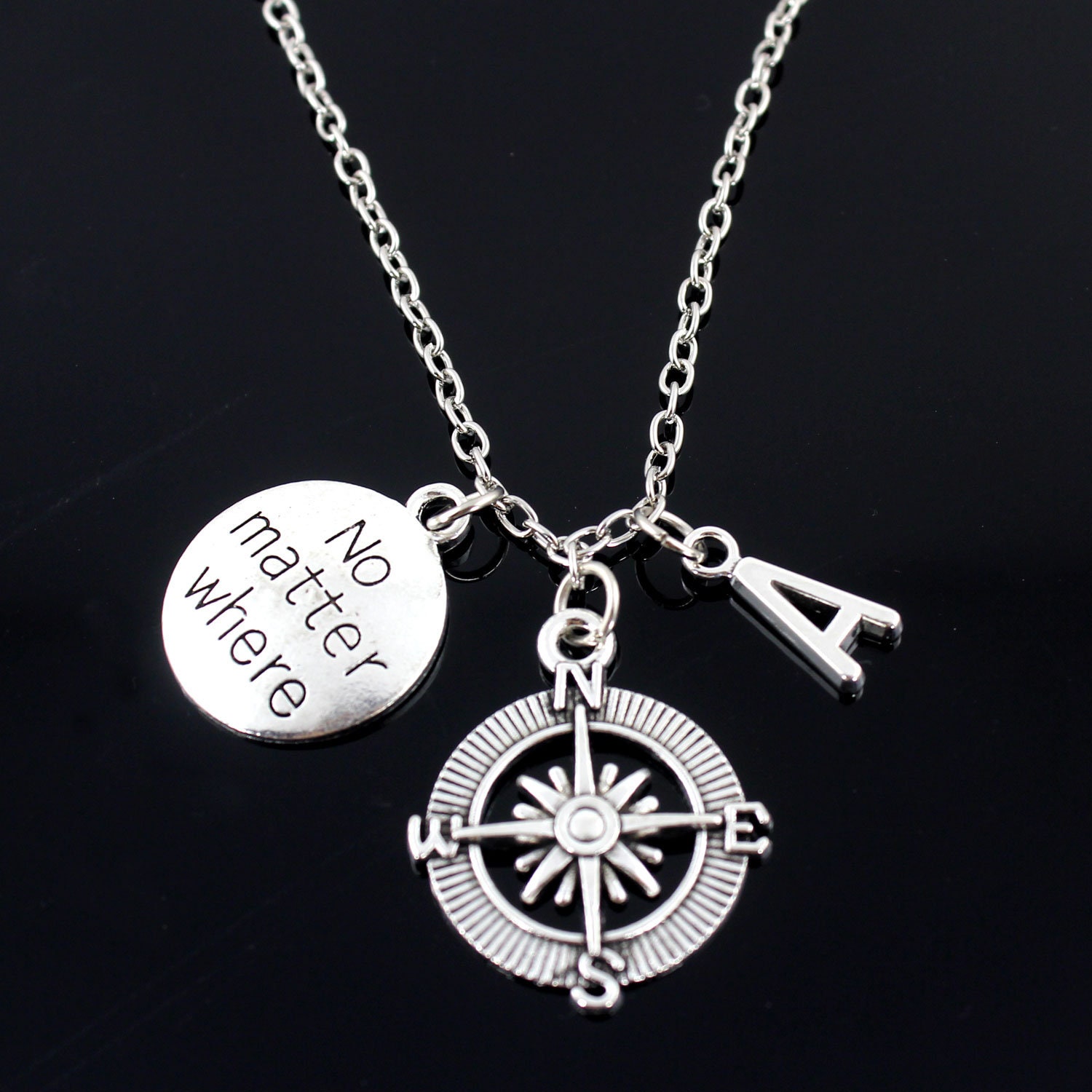 No Matter Where Necklace, Compass Charm, Distance Personalized Initial