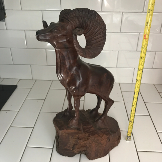 Vntage Hand Carved Ironwood Large Ram Figurine 15" Tall Fantastic Detail Collectible Display Farmhouse Lodge Cabin Mountain Animal
