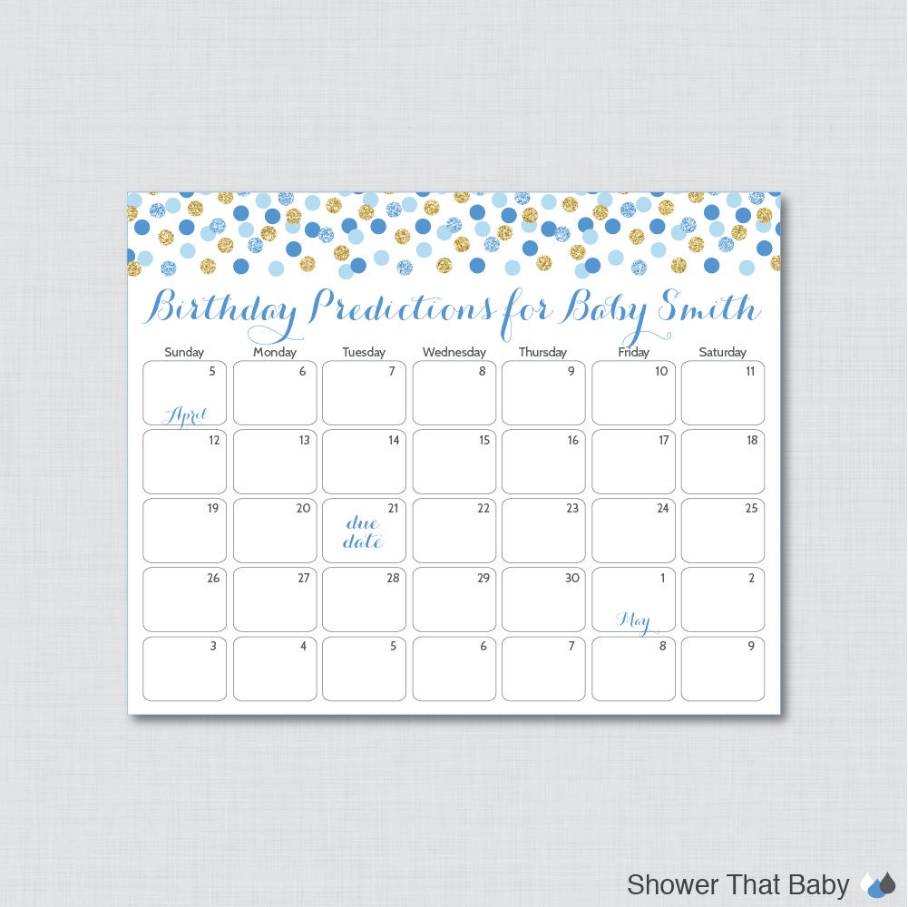 Blue & Gold Baby Shower Birthday Predictions - Printable Due Date Calendar & Guess Glitter Polka Dot 0008-B