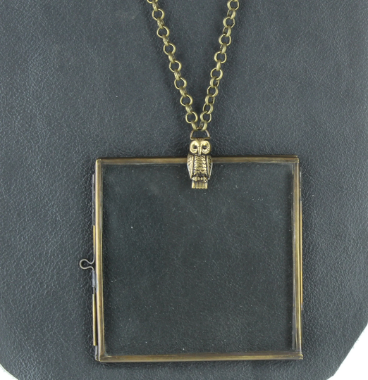 Glass Photo Pendant Necklace, 3" X 3", Owl Bail On Diamond Hinged Panes, in Gift Bag, 18" Or 24", Silver & Brass Gold, Each