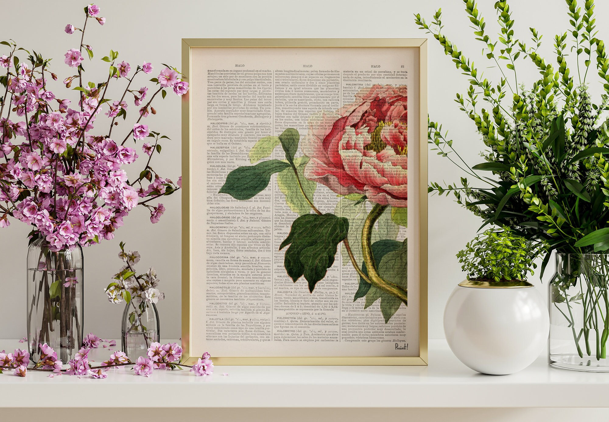 Wall Art Prints Spring Decor Peony Flower Book Print - Book Page Upcycled Wall Bfl122