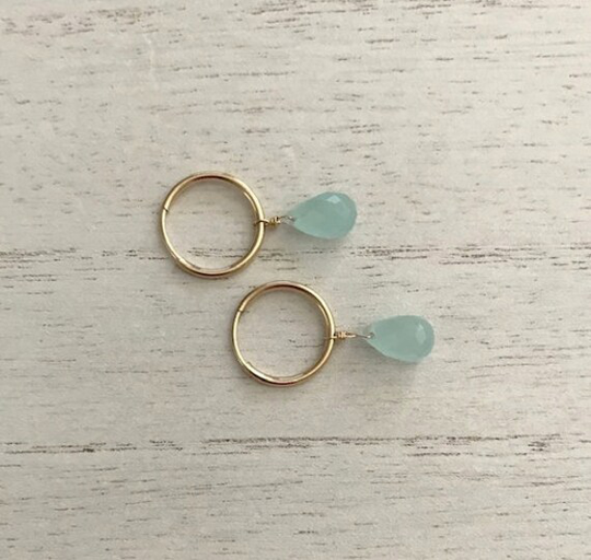 14K Gold Filled Hoops With Chalcedony Quartz Drop, Everyday Earring, Gift For Her, Bridesmaid
