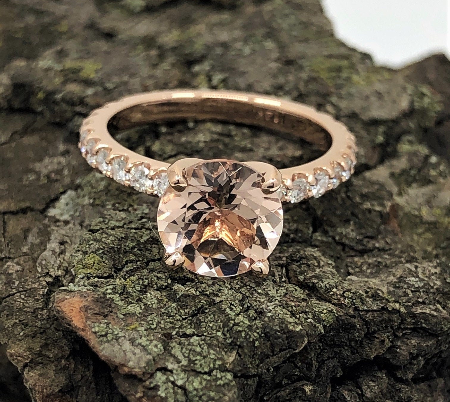 Engagement Ring 14K Rose Gold Morganite Diamond 8mm Round Cut Wedding