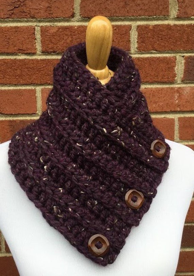 Crochet Button Cowl Super Bulky Boston Harbor Scarf Crochet Chunky Cowl With Wood Buttons Wool Blend Neck Warmer in Color "Raisin"