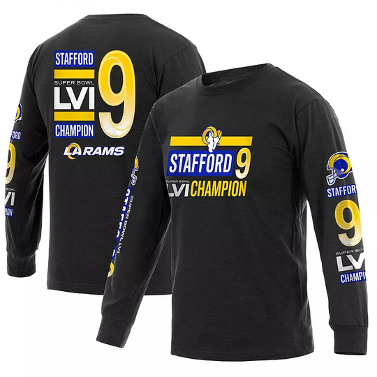 Men's Fanatics Branded Matthew Stafford Black Los Angeles Rams Super Bowl LVI Champions Player Name & Number Long Sleeve T-Shirt, Size: Large