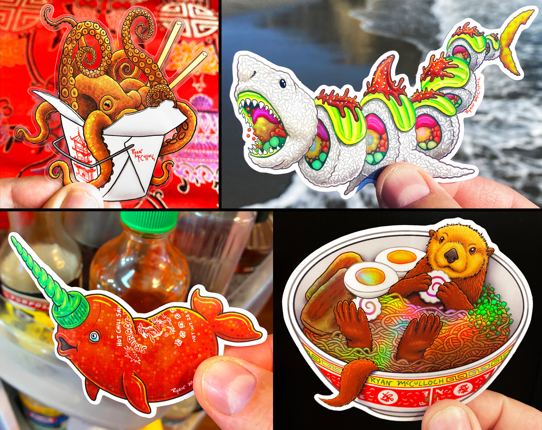Spicy Eastern Foodimals Sticker Pack 4 Glitter, Transparent & Holographic Stickers Sushi Shark Ramen Sea Otter Sriracha Narwhal, Sashimi