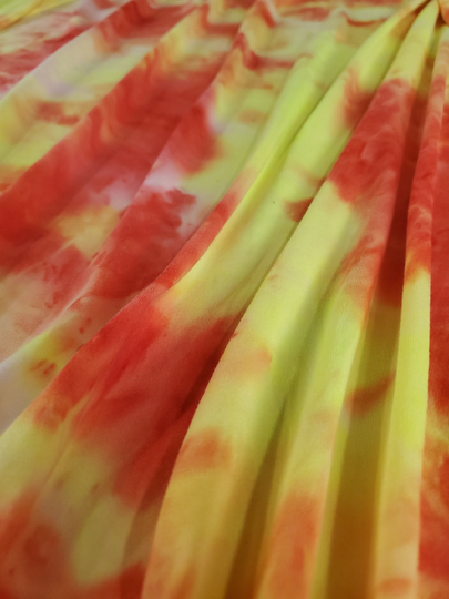 Double Brushed Poly, Dbp, Orange/Yellow/White Tie Dye Fabric, Poly Blend, Fabric By The 1/2 Yard, Or Sample, 4 Way Stretch