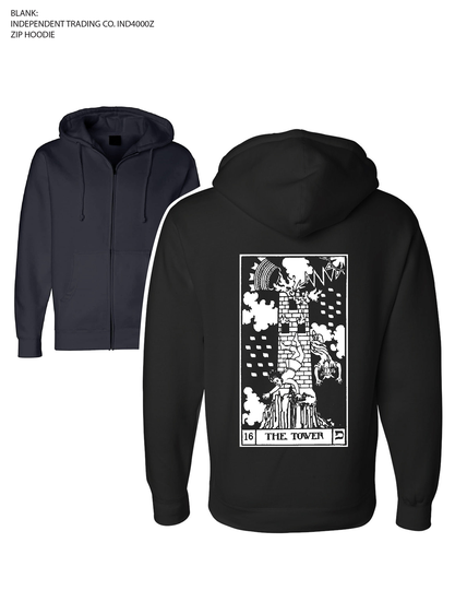 The Tower Tarot Zip-Up Hoodie | La Torre Tour Hooded Zip Fleece Sweatshirt Occult Clothing Alternative Edgy Goth