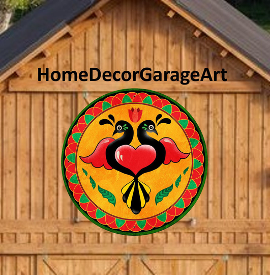 Pennsylvania Dutch Birds Heart Hex Round Barn Sign, Metal, Uv Protection, 6 Sizes, Country Home Decor Garage Art Aqp