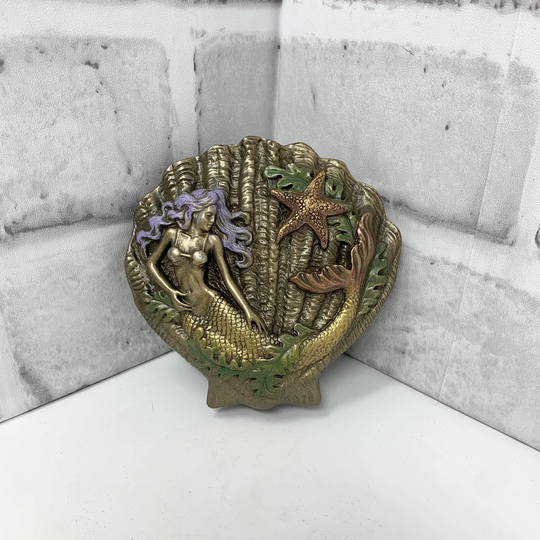 Bronze Finish Mermaid Seashell Box Jewelry Accessory Holder 3.75"