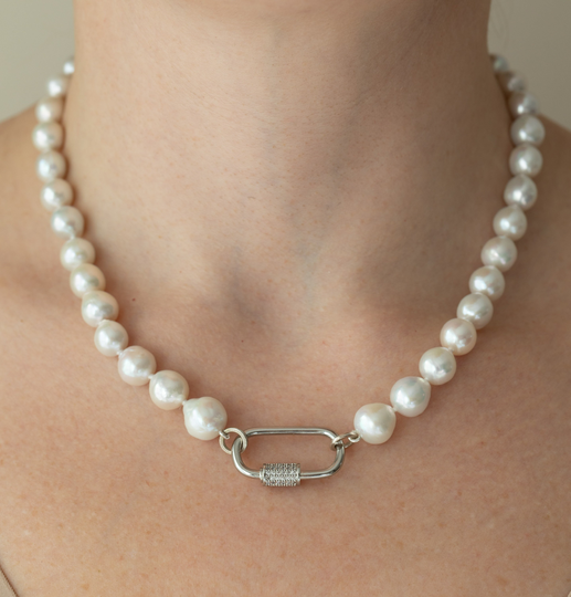 18" Inches Long Carabiner Pearl Necklace, Pave' Lock Genuine Screw Gift For Her