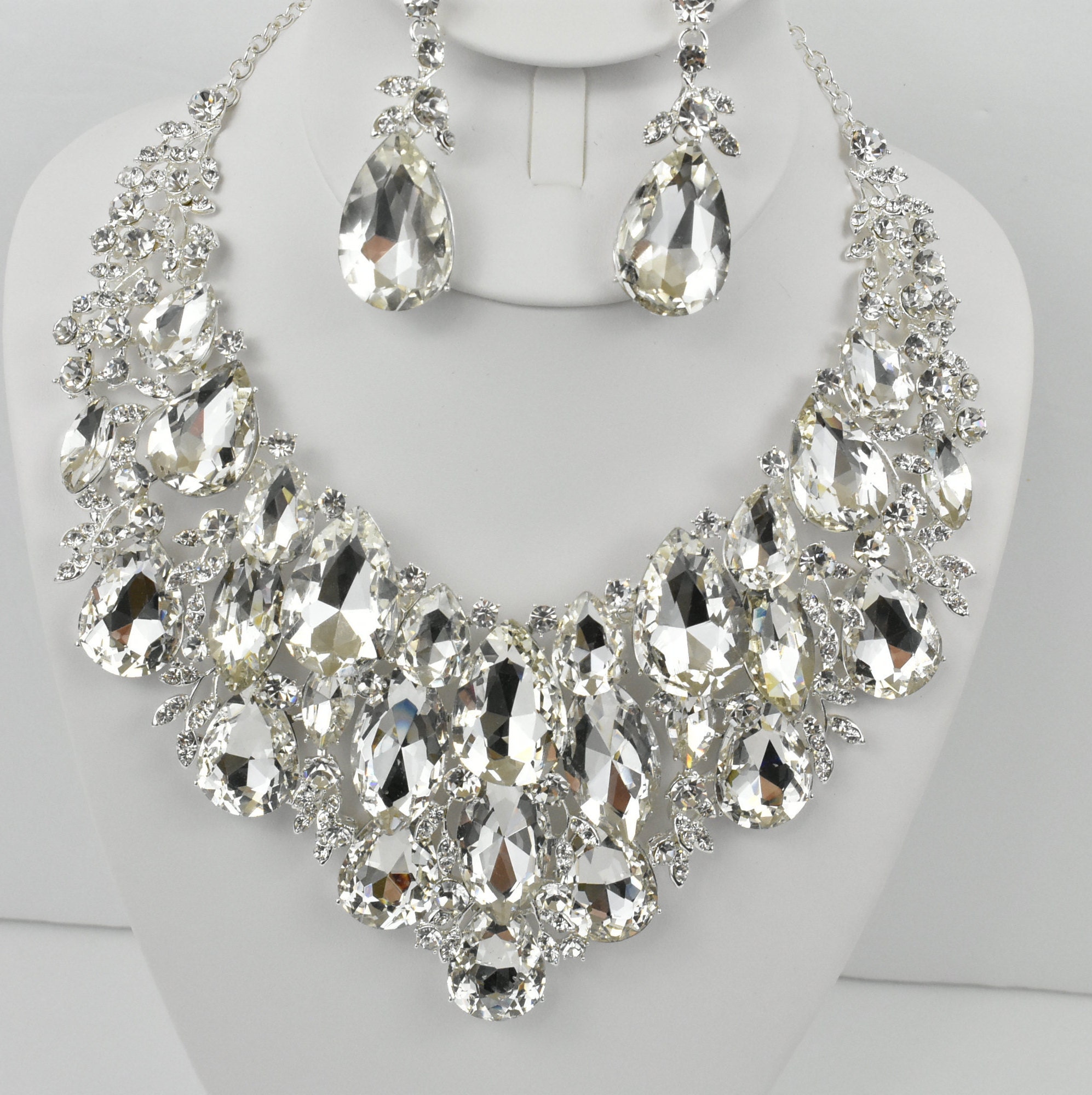 statement Necklace Set, Bridal Rhinesotne Necklace Set, Clear Crystal & Earrings, Large Pageant Necklace, Long Bib Set