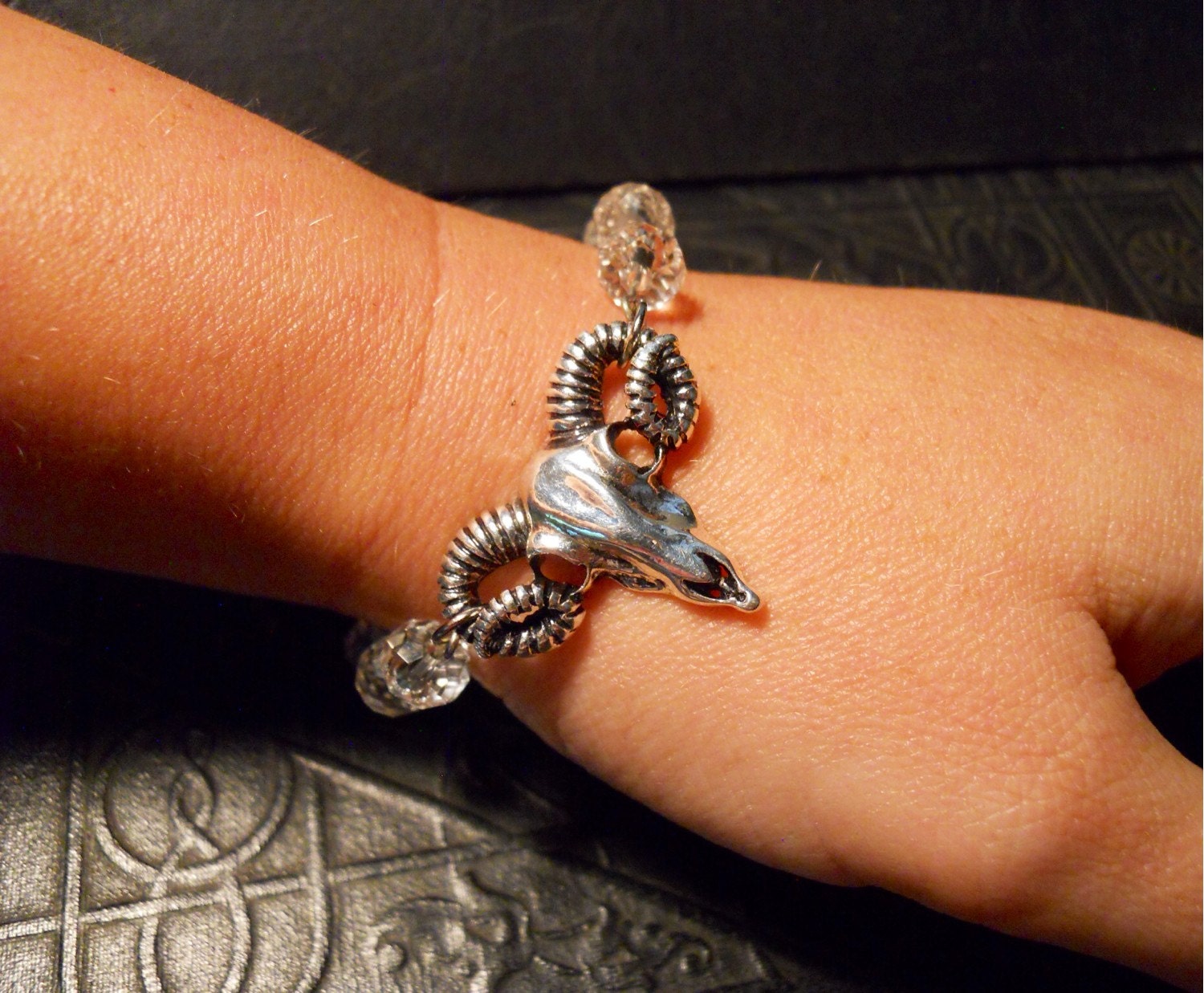 Ram Skull Goat Head Clear Rosary Chain Bracelet