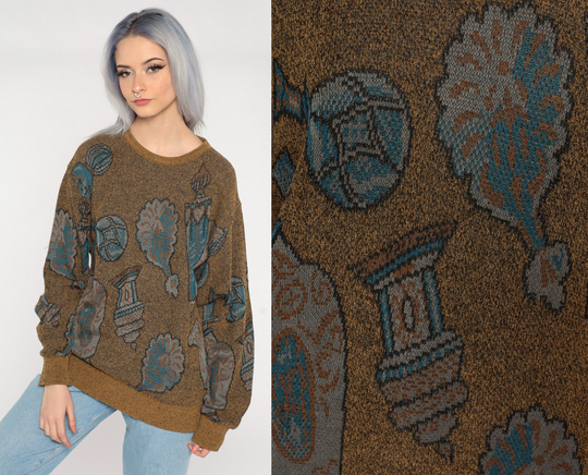 Novelty Sweater Lamp Print 80S 90S Brown Crewneck Wool Blend Knit 1980S Vintage Slouchy Large L